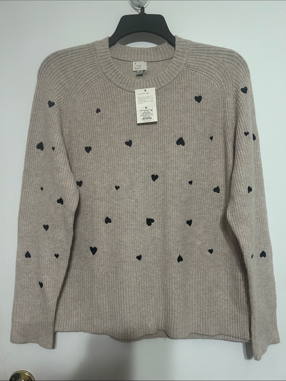 a new day Taupe Crewneck Sweater with Black Heart Motif